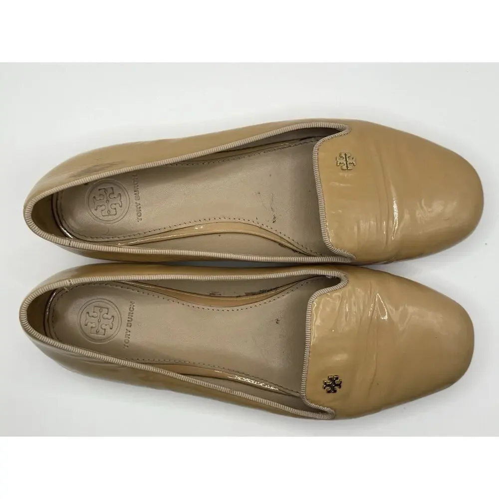 Tory Burch Women's 8M Samantha Smoking Patent Leather Slippers Loafers Beige